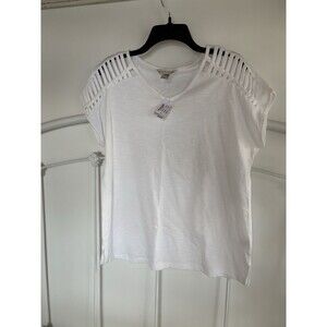 NWT Coldwater Creek White T Shirt Fancy Braided Shoulder Medium Snow White Top